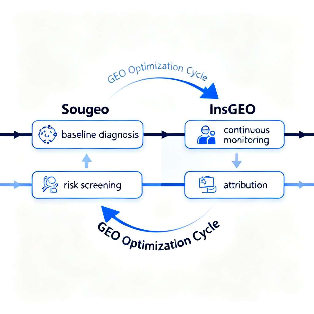 A flowchart showing two parallel tracks: "Sougeo" on the left for baseline diagnosis and risk screening, "InsGEO" on the right for continuous monitoring and attribution. Arrows connect them in a loop labeled "GEO Optimization Cycle". Style: professional, with icons for each step.