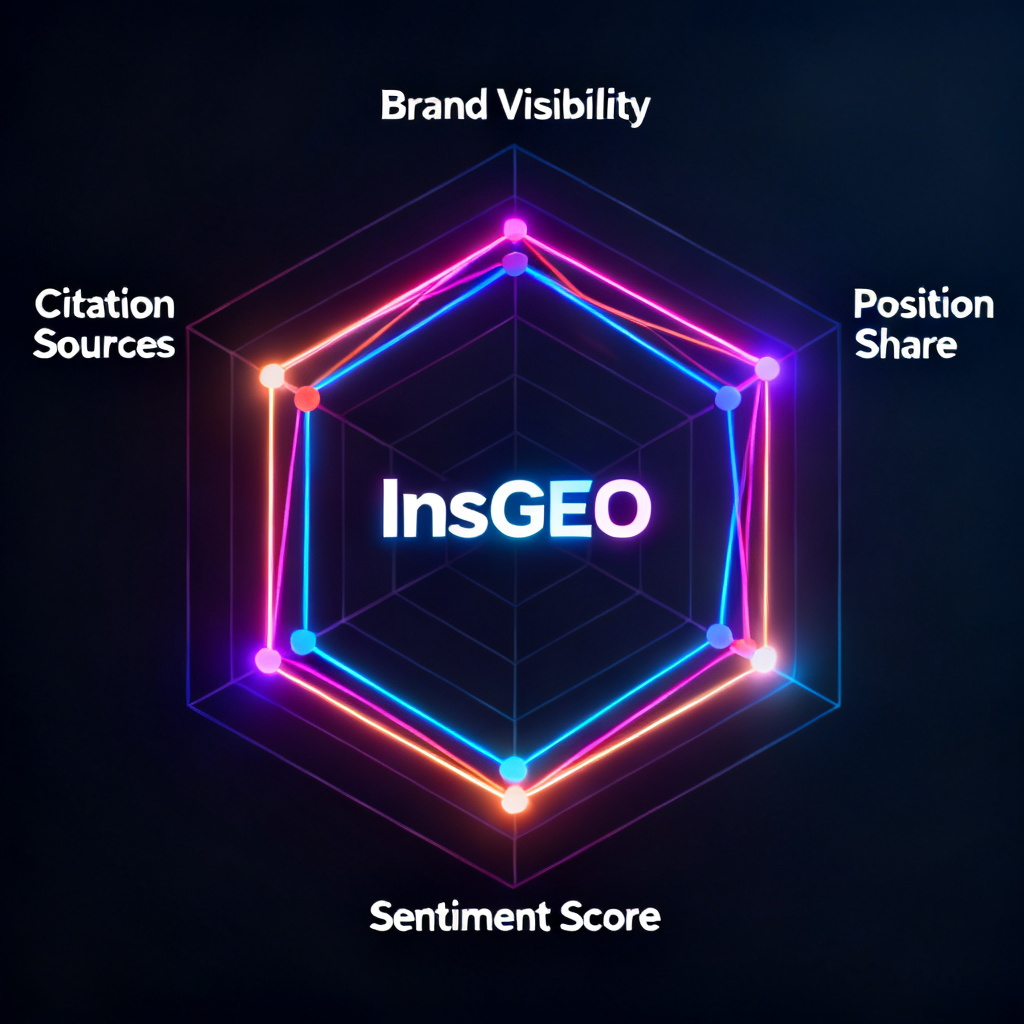 A four-dimensional radar chart showing brand visibility, position share, sentiment score, and citation sources, with InsGEO logo at center, data points connected by glowing lines
