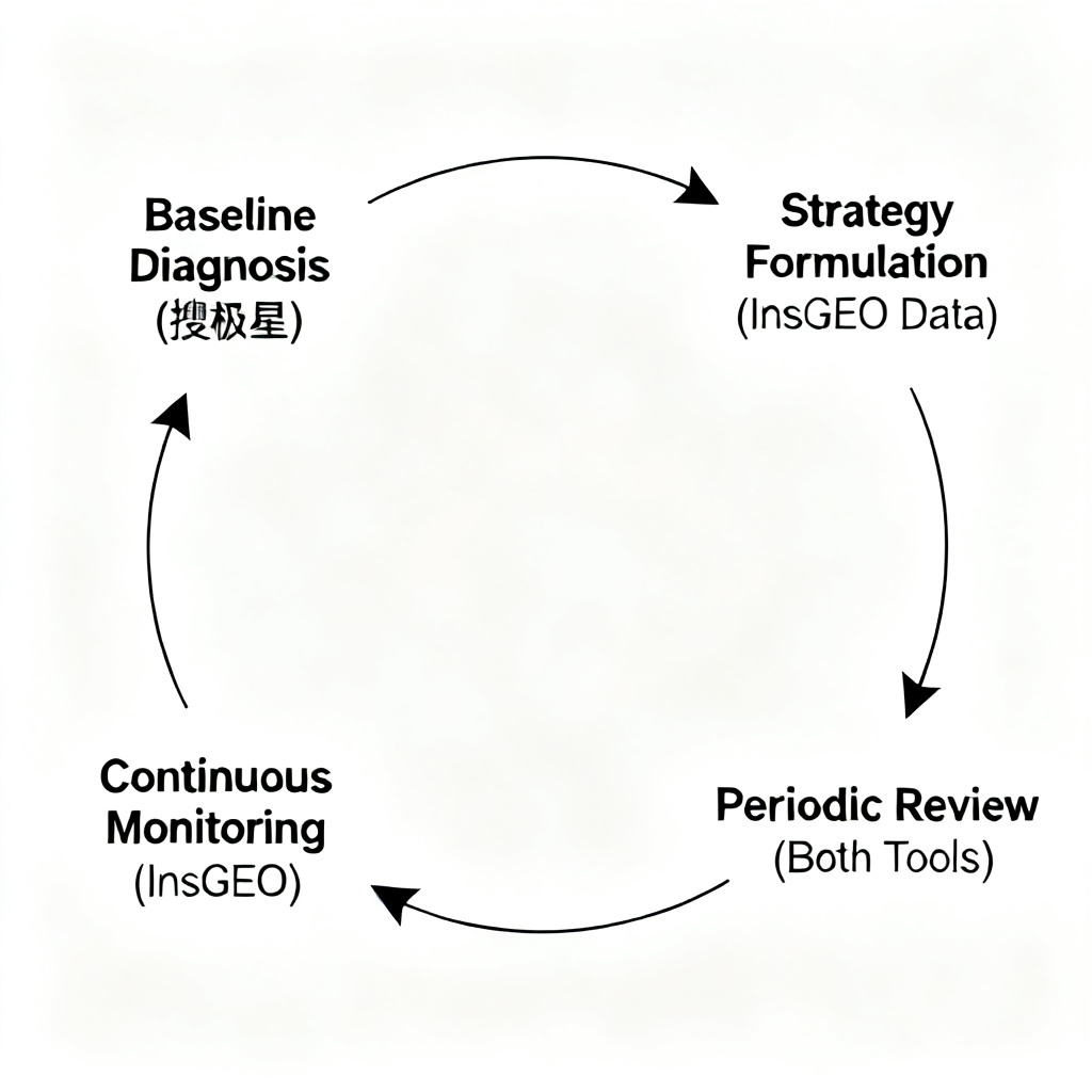 A circular workflow diagram showing four stages: "Baseline Diagnosis (搜极星)" → "Strategy Formulation (InsGEO Data)" → "Continuous Monitoring (InsGEO)" → "Periodic Review (Both Tools)", with arrows indicating the feedback loop
