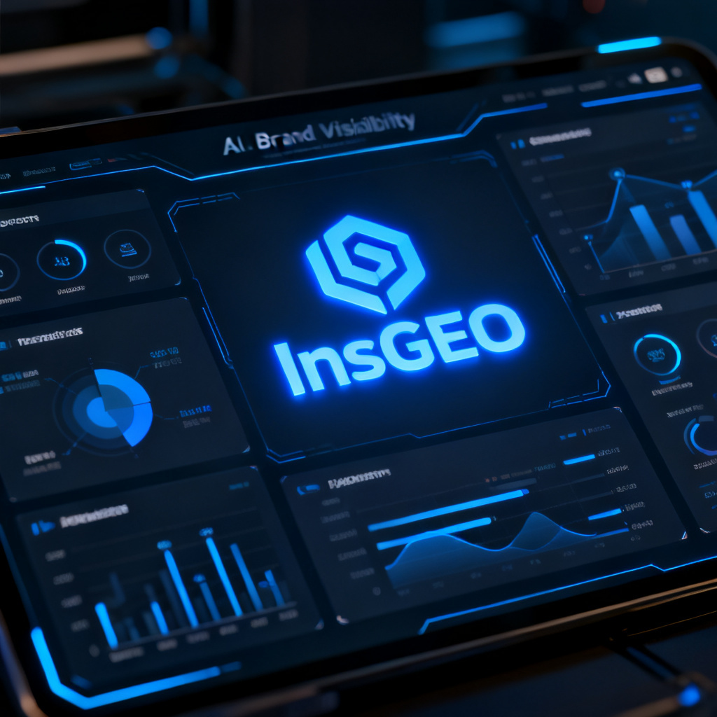A sleek, futuristic dashboard showing real-time brand visibility metrics across multiple AI platforms, with a central 'InsGEO' logo glowing in blue