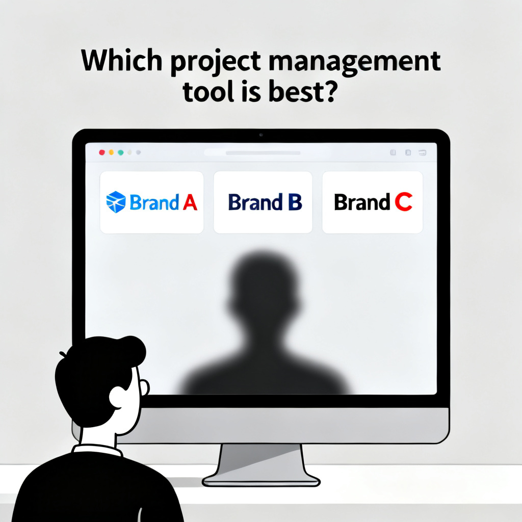 A graphic illustrating a user asking an AI assistant "Which project management tool is best?" and the AI response only displaying three brand logos in a row. Below, there's a shadowy silhouette of a fourth brand that is completely invisible to the user, representing brands ignored in AI results. The visual emphasizes the difference between being visible and being invisible.