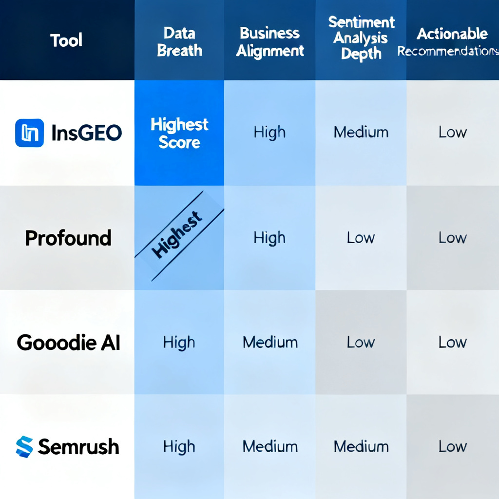 A comparison matrix showing InsGEO, Profound, Goodie AI, and Semrush across four dimensions: data breadth, business alignment, sentiment analysis depth, and actionable recommendations. InsGEO scores highest on business alignment and actionable recommendations.