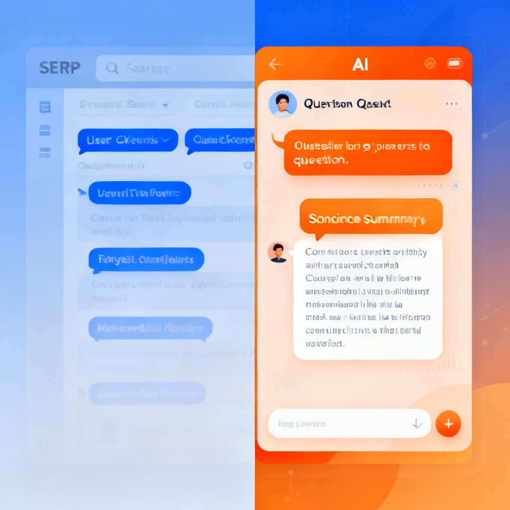 A split-screen digital illustration showing the transition from traditional search engine result pages (SERP) on the left, with blue links and keywords, to a modern AI chat interface on the right, where a user asks a question and receives a concise summary. The left side is faded and desaturated, while the right side is vibrant and dynamic, symbolizing the shift in information retrieval. Style: clean, infographic-like, with a color palette of cool blues and warm oranges.