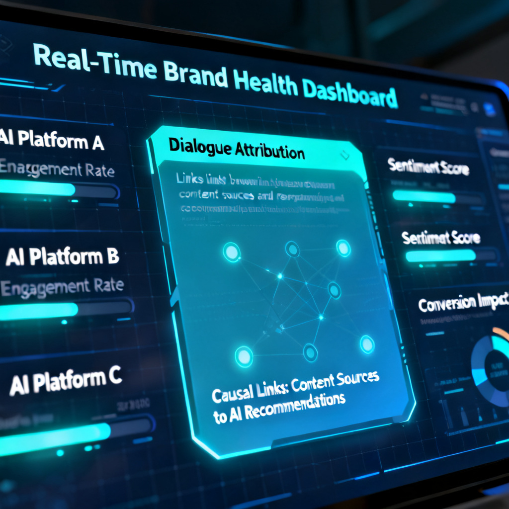A futuristic data visualization dashboard showing real-time brand health metrics across multiple AI platforms, with a central focus on "Dialogue Attribution" module displaying causal links between content sources and AI recommendations