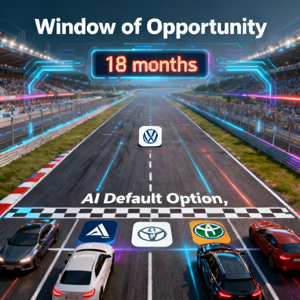 A countdown timer set to 18 months, with a race track background showing several brands running. One brand is far ahead near the finish line labeled "AI Default Option," while others are still at the starting line or stuck in traffic. A digital overlay reads "Window of Opportunity"