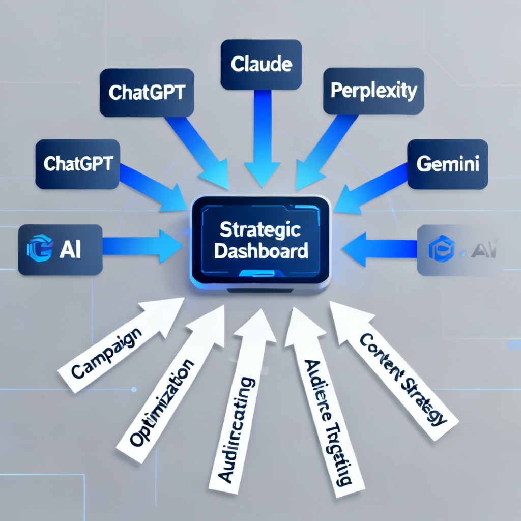 A visual metaphor showing data flow from multiple AI platforms (ChatGPT, Claude, Perplexity, Gemini) converging into a single strategic dashboard, with arrows indicating actionable insights leading to marketing actions