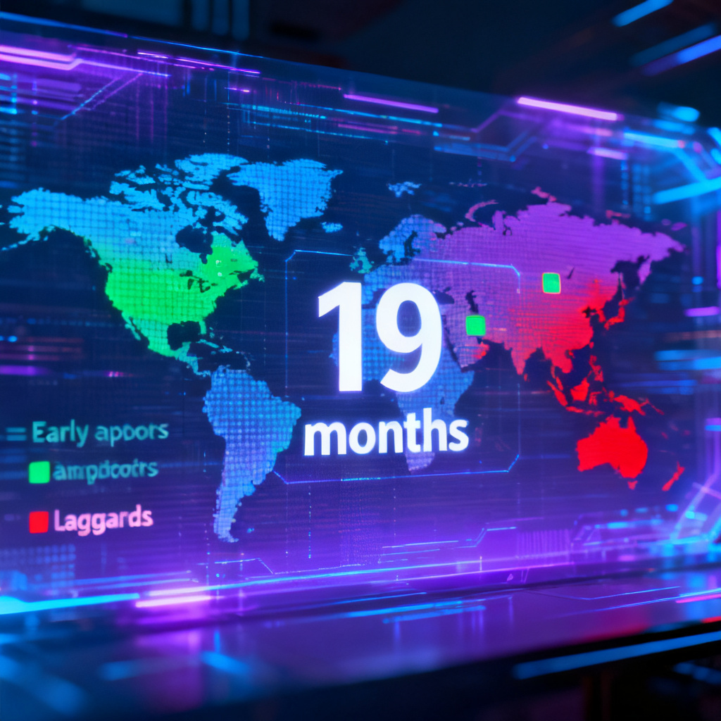 A countdown timer showing '19 months' on a digital screen, with a map of the world in the background, where some regions are highlighted in green (early adopters) and others in red (laggards). Style: futuristic, holographic, tech-inspired.