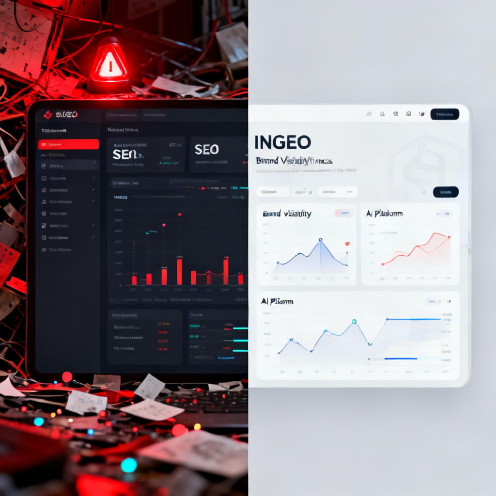 A split-screen comparison. Left side shows a chaotic, cluttered traditional SEO dashboard with red warning lights and scattered data points. Right side shows a clean, minimalist InsGEO interface with clear visualizations of brand visibility metrics in AI platforms. The contrast highlights clarity vs confusion, modern vs outdated.