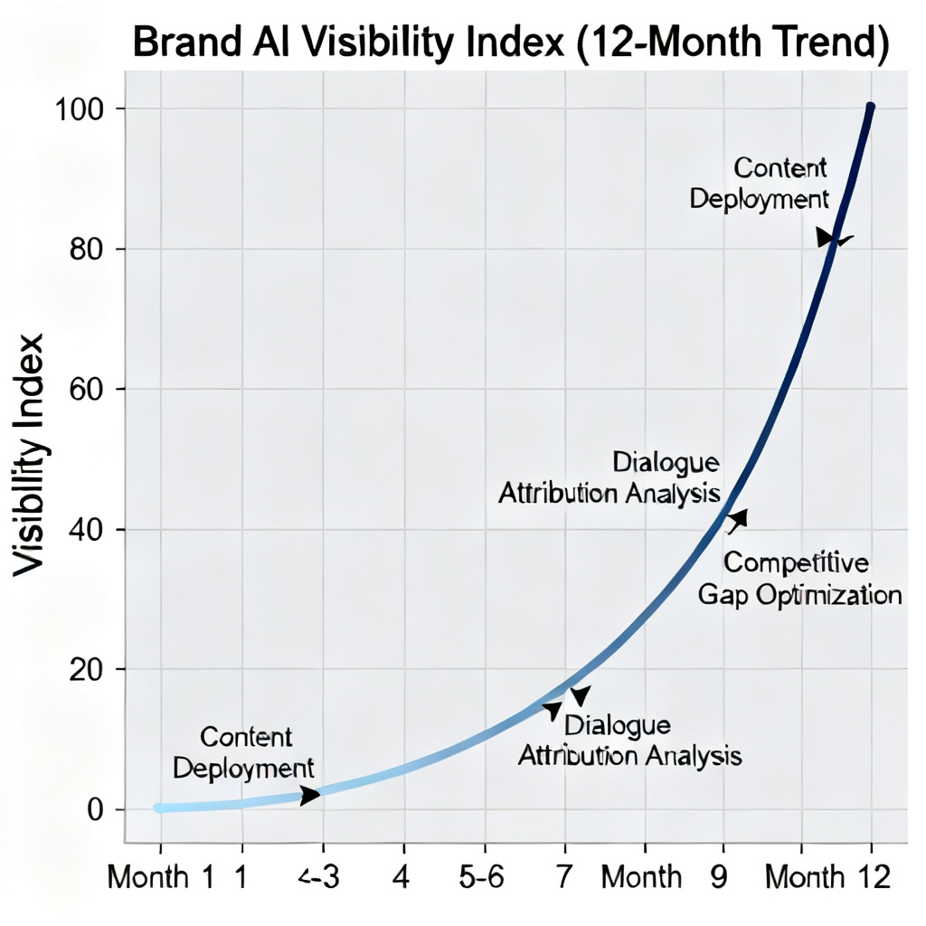 A line graph showing a long-term upward trend of "Brand AI Visibility Index" over a 12-month period. The curve starts flat, shows a gradual increase after month 3, and accelerates after month 6. Key milestones are marked with annotations like "Content Deployment", "Dialogue Attribution Analysis", and "Competitive Gap Optimization".