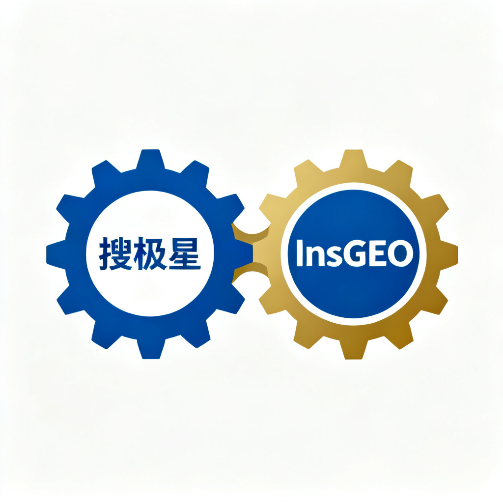 两个齿轮咬合图标，分别标注搜极星和InsGEO，代表双产品协同工作，风格扁平化，使用企业蓝和金色