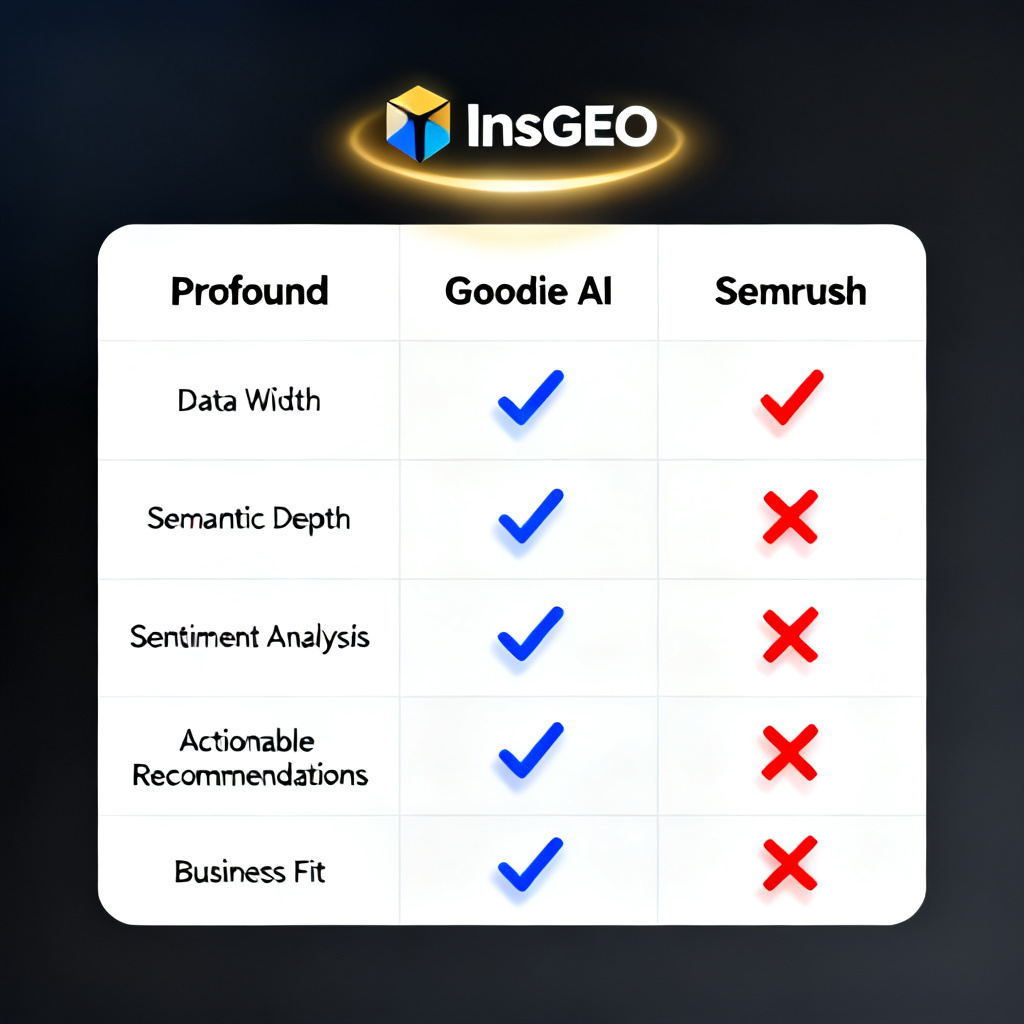 A comparison matrix with three columns: Profound, Goodie AI, and Semrush. Each column has checkmarks and X marks across rows labeled: Data Width, Semantic Depth, Sentiment Analysis, Actionable Recommendations, Business Fit. The InsGEO logo is placed above the matrix with a glowing halo, indicating superiority.