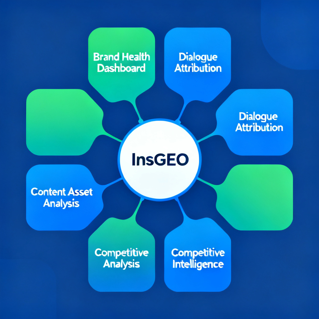 An infographic showing eight interconnected modules radiating from a central hub labeled "InsGEO". Modules include: Brand Health Dashboard, Dialogue Attribution, Content Asset Analysis, Competitive Intelligence, etc. Use a clean, corporate style with blue and green gradients.