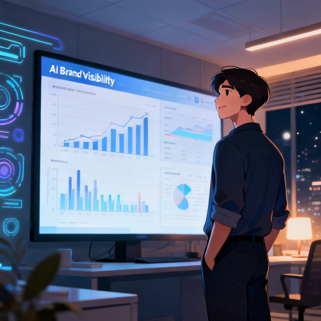 A person standing in front of a large screen with AI brand visibility charts, looking relieved and confident, working at night in a smart office, ambient lighting, focused expression, digital art style.
