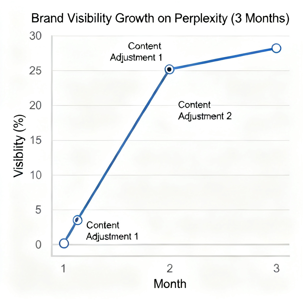 Line chart showing brand visibility rise from 0% to 28% on Perplexity over 3 months, with milestone markers for content adjustments, professional analytics style