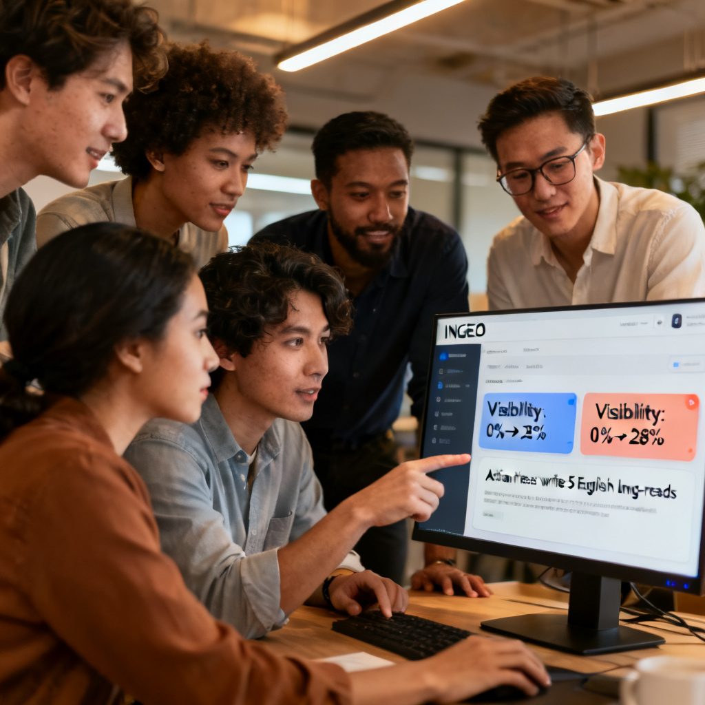 A marketing team huddled around a monitor displaying InsGEO dashboard with alerts: 'Visibility: 0% → 28%' and 'Action items: write 5 English long-reads'. Diverse team members pointing at the screen.