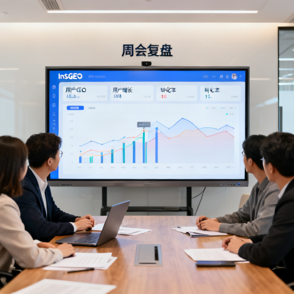 一个营销团队在会议室使用InsGEO仪表盘进行周会复盘