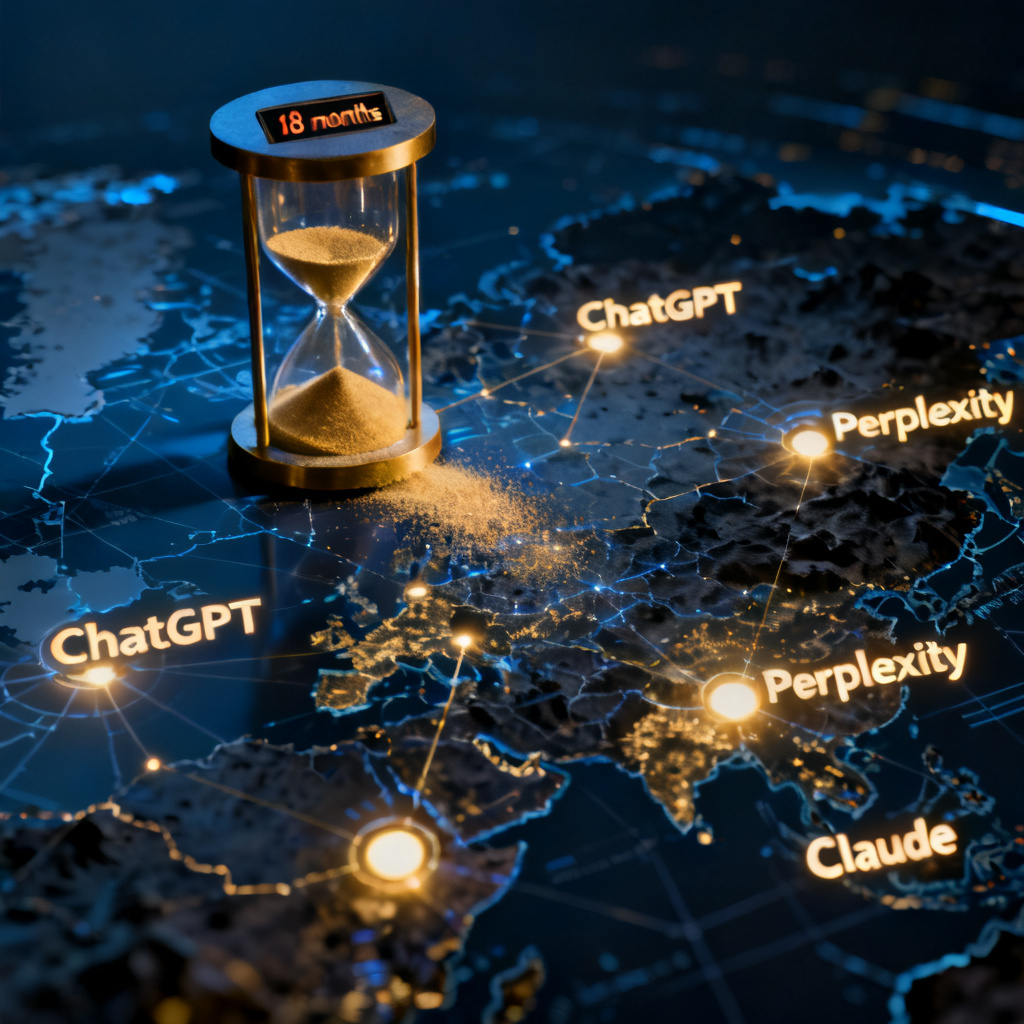 A countdown timer or hourglass with sand falling, set against a digital map of the internet with glowing nodes representing AI platforms like ChatGPT, Perplexity, and Claude. The map is partially illuminated, with some areas dark and unexplored. The countdown shows "18 months" on the timer. Style: cinematic, with a sense of urgency, using dark blue and gold tones.