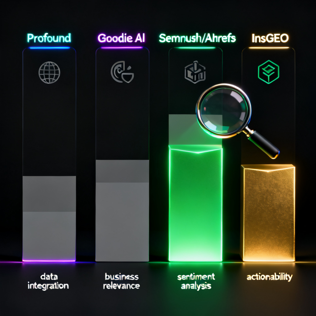 A comparison chart with four columns representing Profound, Goodie AI, Semrush/Ahrefs, and InsGEO. Each column has icons for data integration, business relevance, sentiment analysis, and actionability. The first three columns have partially filled bars with grayed-out sections, while InsGEO's column is fully illuminated with green and gold colors. A magnifying glass icon hovers over the InsGEO column, symbolizing deeper insight. Style: sleek corporate chart with a dark background and neon accents.