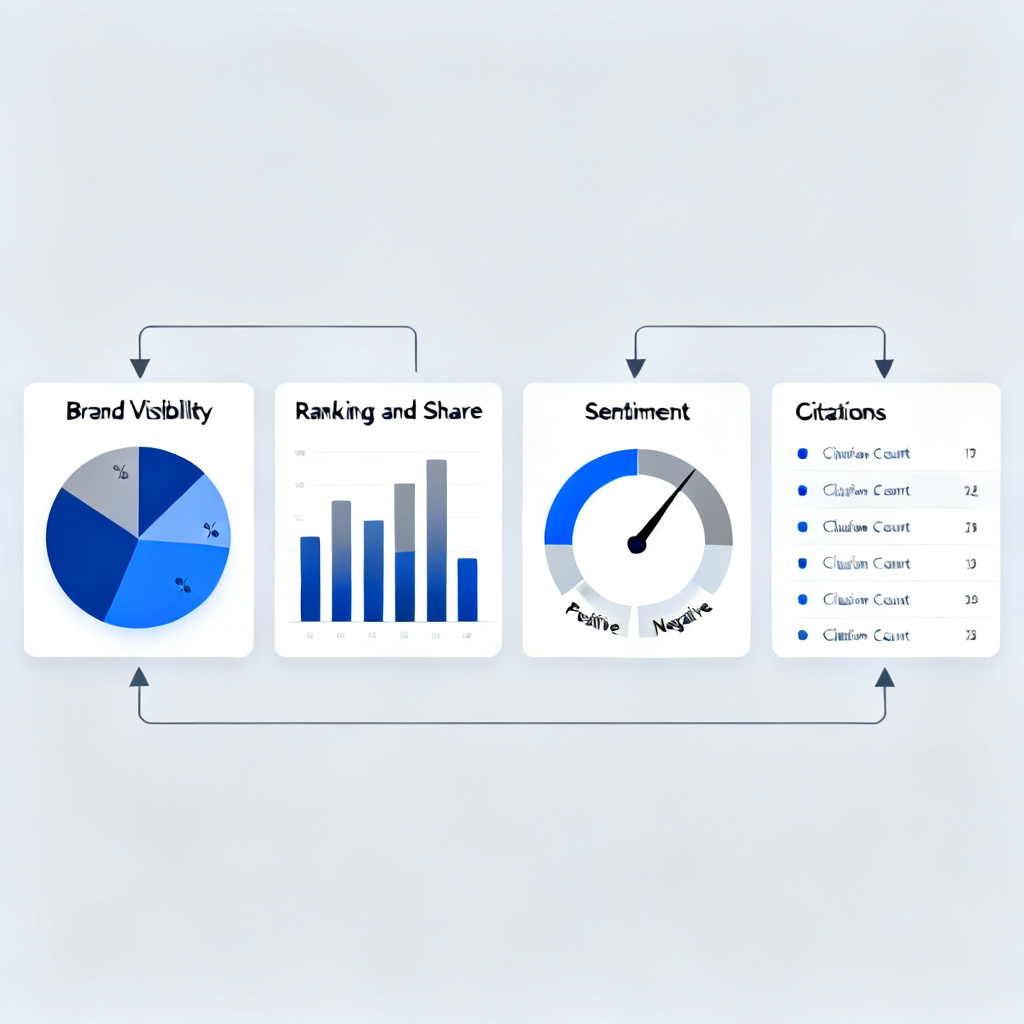 A dashboard interface with four distinct sections: a pie chart for Brand Visibility, a bar chart for Ranking and Share, a sentiment meter with positive/negative/neutral zones for Sentiment, and a list of website URLs with citation counts for Citations. Each section is connected by arrows showing data flow.