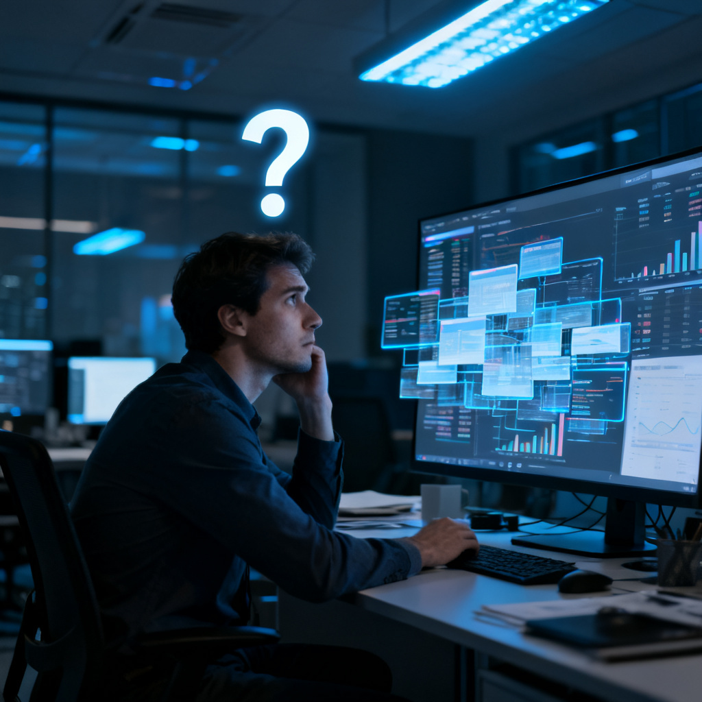 A frustrated marketing executive staring at a confusing dashboard filled with overlapping data points and unrecognizable metrics, with a question mark floating above their head in a dark, high-tech office