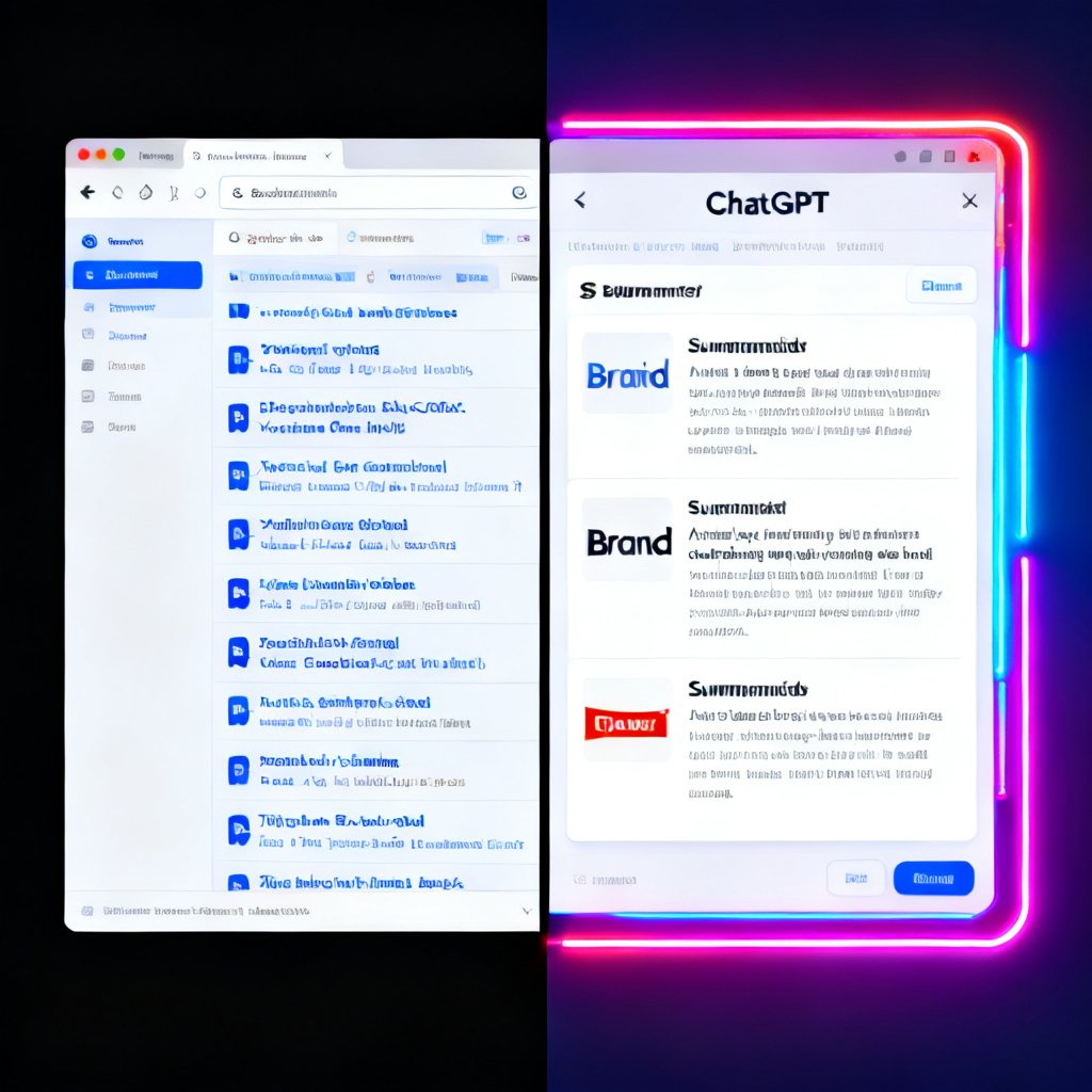 A split screen showing left side a traditional search engine result page with blue links, right side a ChatGPT interface summarizing three brand recommendations. The right side glows in neon colors.