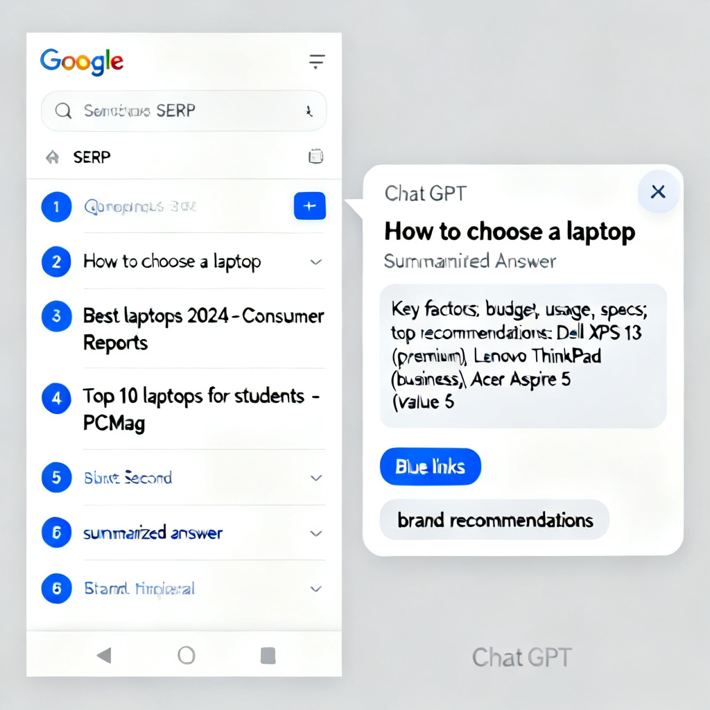 A side-by-side comparison of traditional search engine results page (SERP) with blue links and an AI conversational interface like ChatGPT showing a summarized answer with brand recommendations. The left side shows Google SERP with ranked links; the right shows a chatbot dialogue box with concise text.