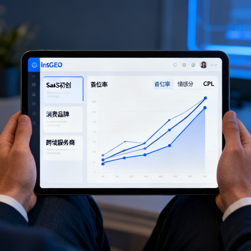 第一人称视角的Dashboard屏幕，左侧显示SaaS初创、消费品牌、跨境服务商三列，右侧对应首位率、情感分、CPL折线上升，背景为InsGEO界面