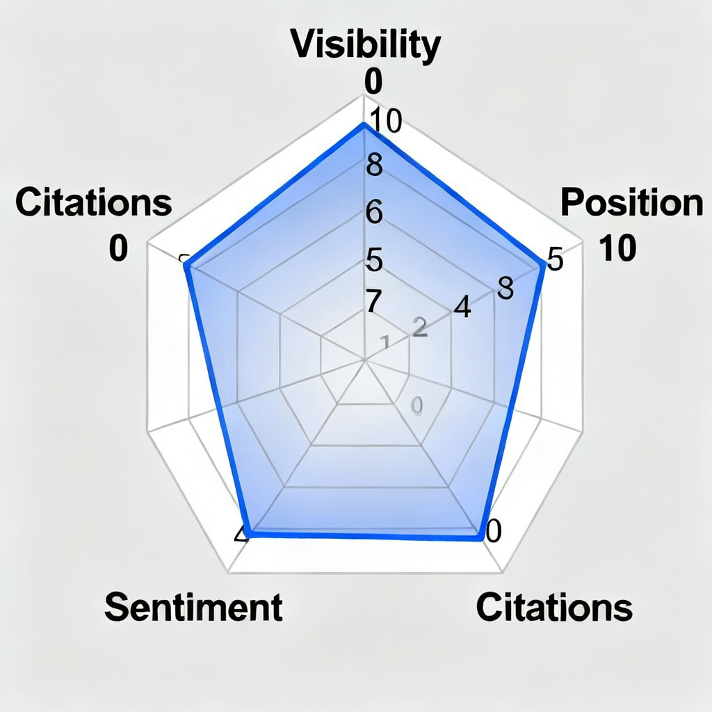 A radar chart visualization showing four dimensions: Visibility, Position, Sentiment, and Citations. Each dimension has a score, creating a diamond-shaped profile for a brand's AI presence.