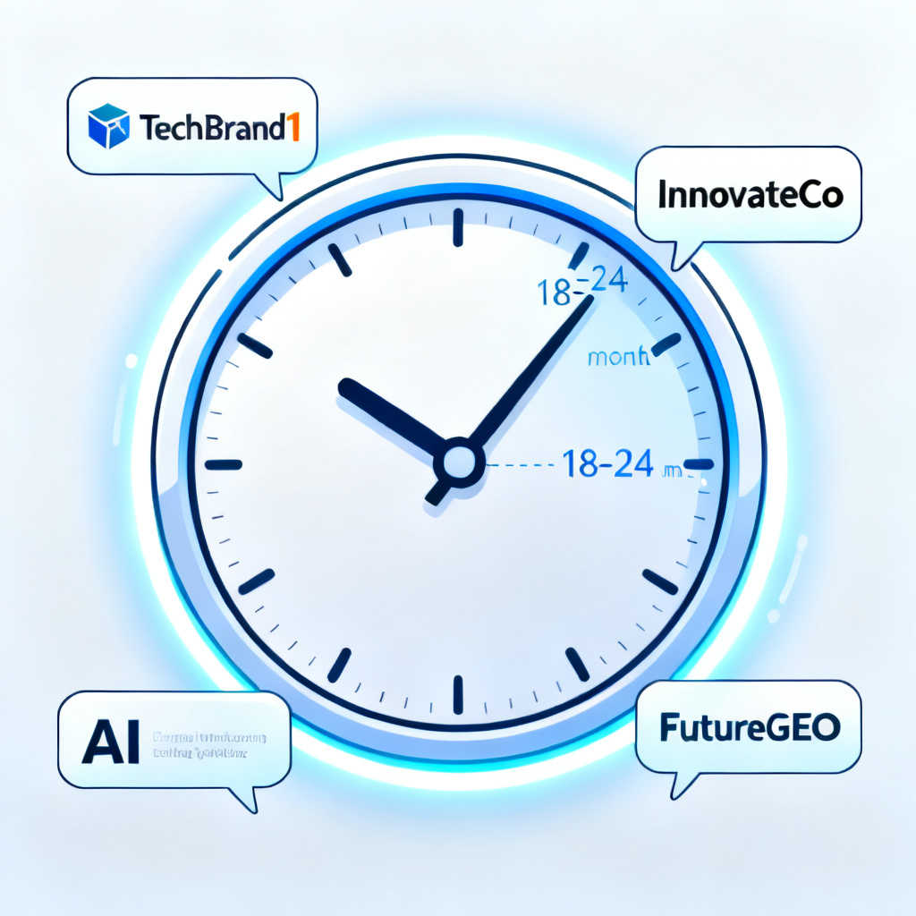 A clock with hands pointing to 18-24 months, with brand logos emerging from AI conversation bubbles around it, symbolizing the time window for GEO adoption