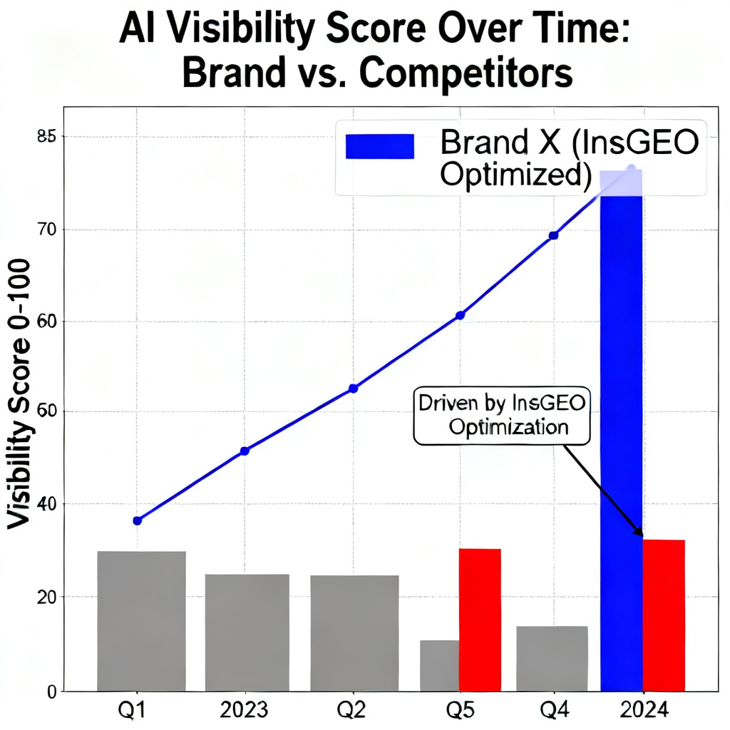 A bar chart showing a brand's AI visibility score climbing over time, with competitor lines flat or declining, symbolizing growth driven by InsGEO optimization