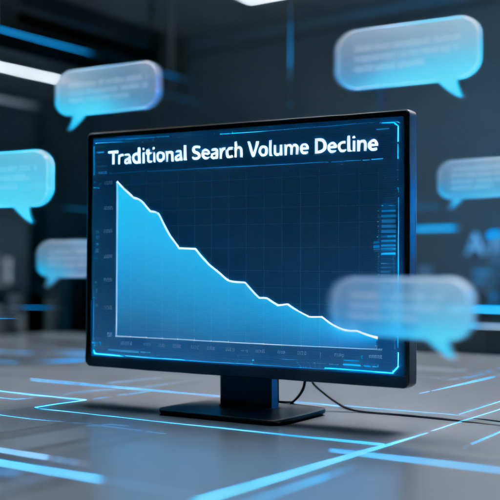 A large digital screen displays a steep downward curve representing traditional search volume decline, with blurred AI conversation bubbles in the background, symbolizing the shift from search to generative answers