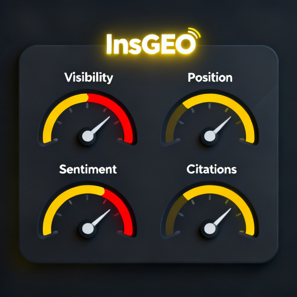 A dashboard mockup with four key gauges: 'Visibility', 'Position', 'Sentiment', 'Citations'. The 'Sentiment' gauge is in the red zone, while others are yellow. A glowing 'InsGEO' logo is at the top. Style: flat design, modern UI, data visualization with clear labels.