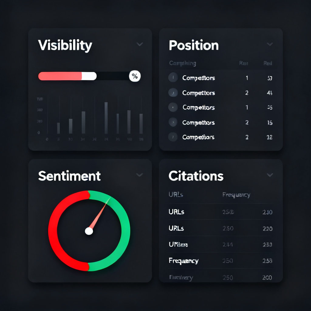A dashboard interface showing four key metrics: Visibility (percentage bar), Position (ranking table with competitors), Sentiment (color-coded gauge from red to green), and Citations (list of URLs with frequency count). The design is clean, professional, with a dark theme and data visualization elements.