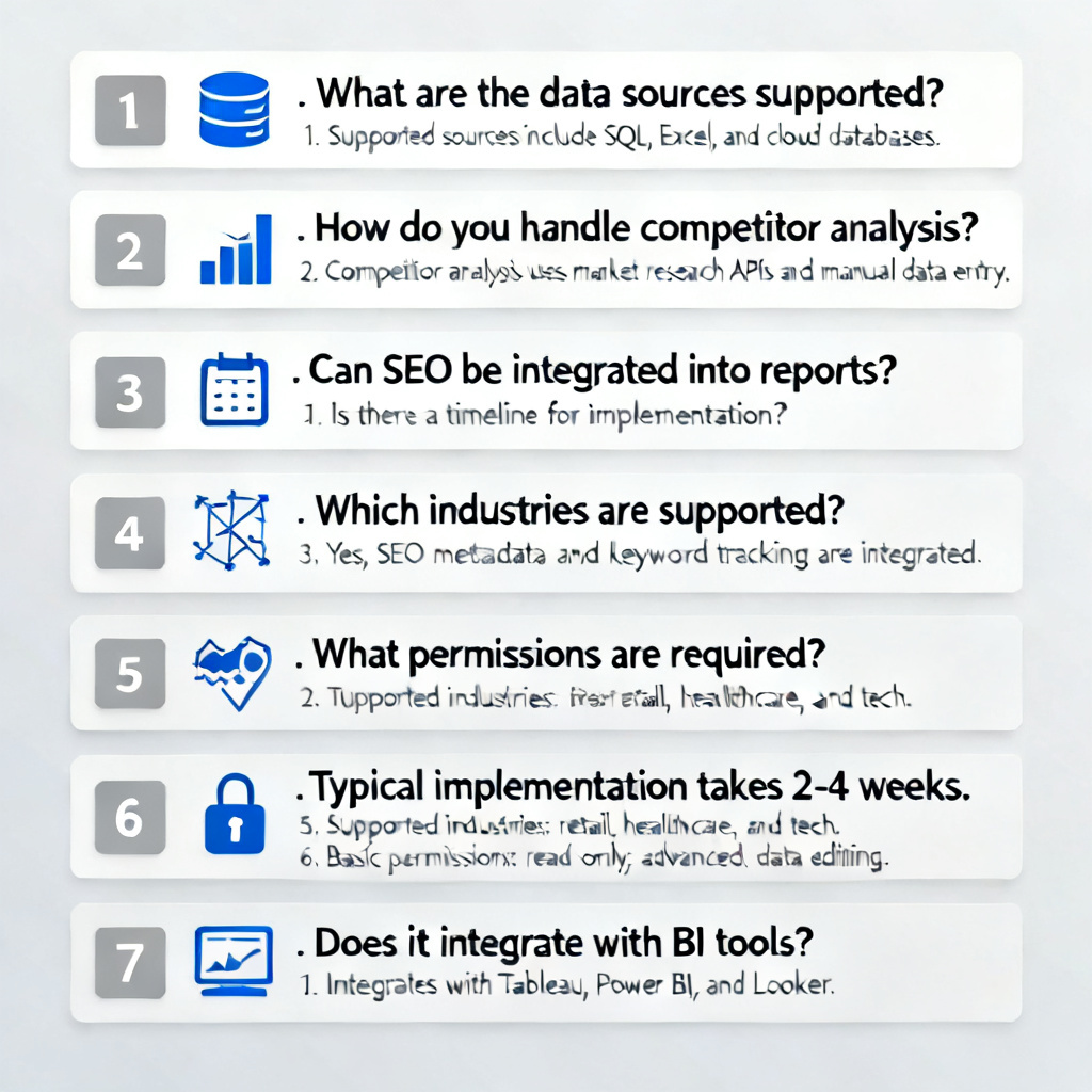 A professional FAQ infographic with 7 numbered questions and answers, using icons for each topic (data sources, competitors, SEO integration, timeline, industries, permissions, BI integration). Clean corporate design.