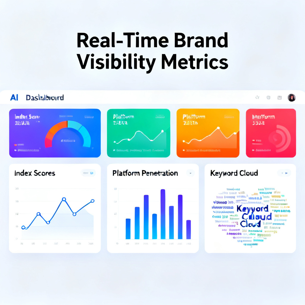 A professional dashboard UI displaying real-time brand visibility metrics across multiple AI platforms, with colorful charts showing index scores, platform penetration, and keyword cloud.