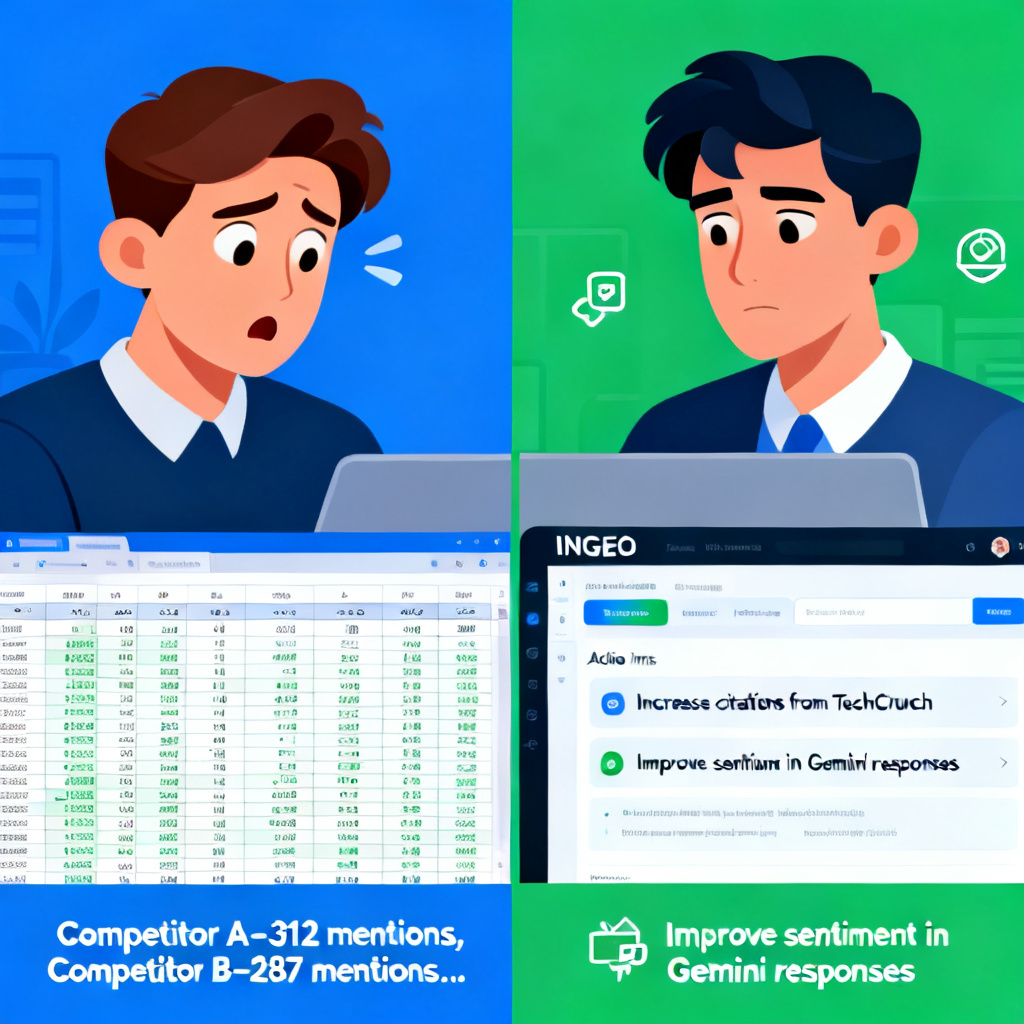 A comparison infographic showing two scenarios: on the left, a brand manager looking confused at a spreadsheet with hundreds of data points labeled "Competitor A - 312 mentions, Competitor B - 287 mentions..."; on the right, the same manager looking at an InsGEO dashboard with clear action items like "Increase citations from TechCrunch" and "Improve sentiment in Gemini responses."