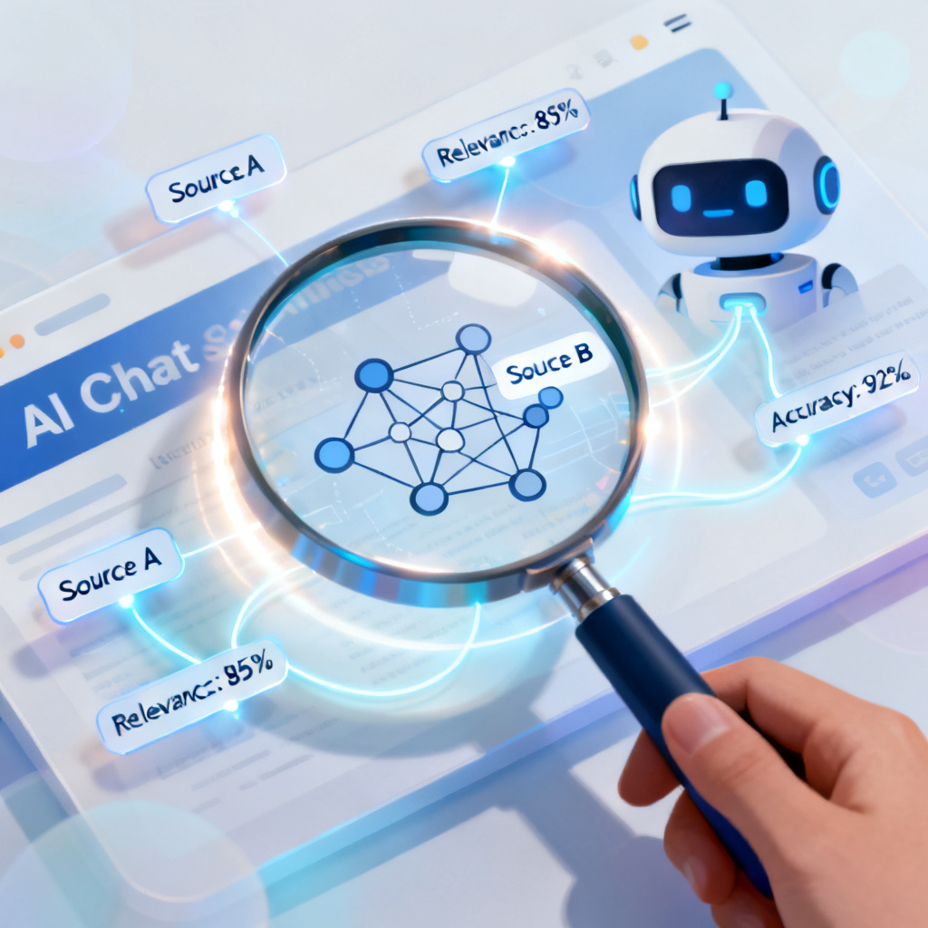 A conceptual illustration showing a magnifying glass revealing the internal logic of an AI chatbot's response, with visible content sources, citation paths, and attribution metrics floating around the magnified area