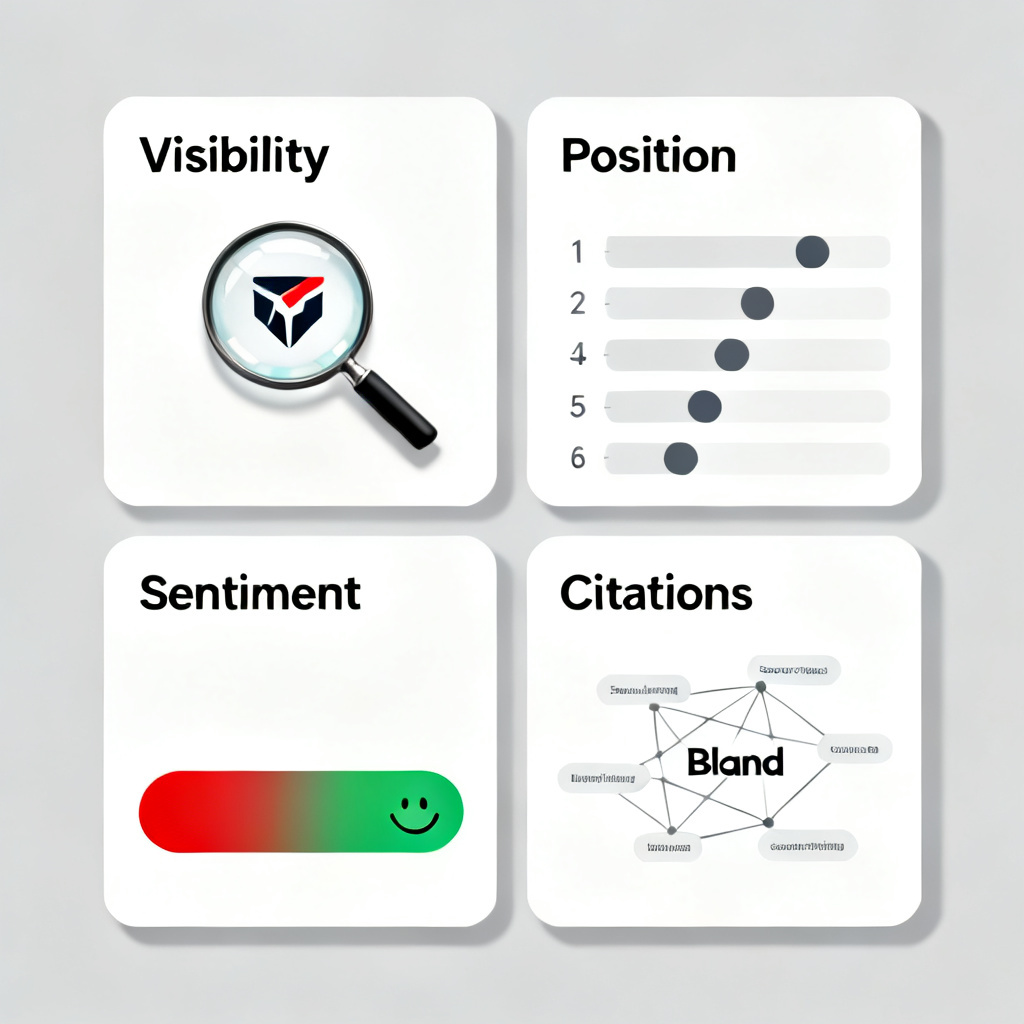 A set of four distinct cards arranged in a grid, each representing one of InsGEO's core KPIs: Visibility (a magnifying glass with a brand logo inside), Position (a leaderboard with numbered rankings), Sentiment (a color gradient from red to green with a happy face at the green end), and Citations (a network diagram linking a brand to multiple source websites). The cards have a clean, professional fintech aesthetic.