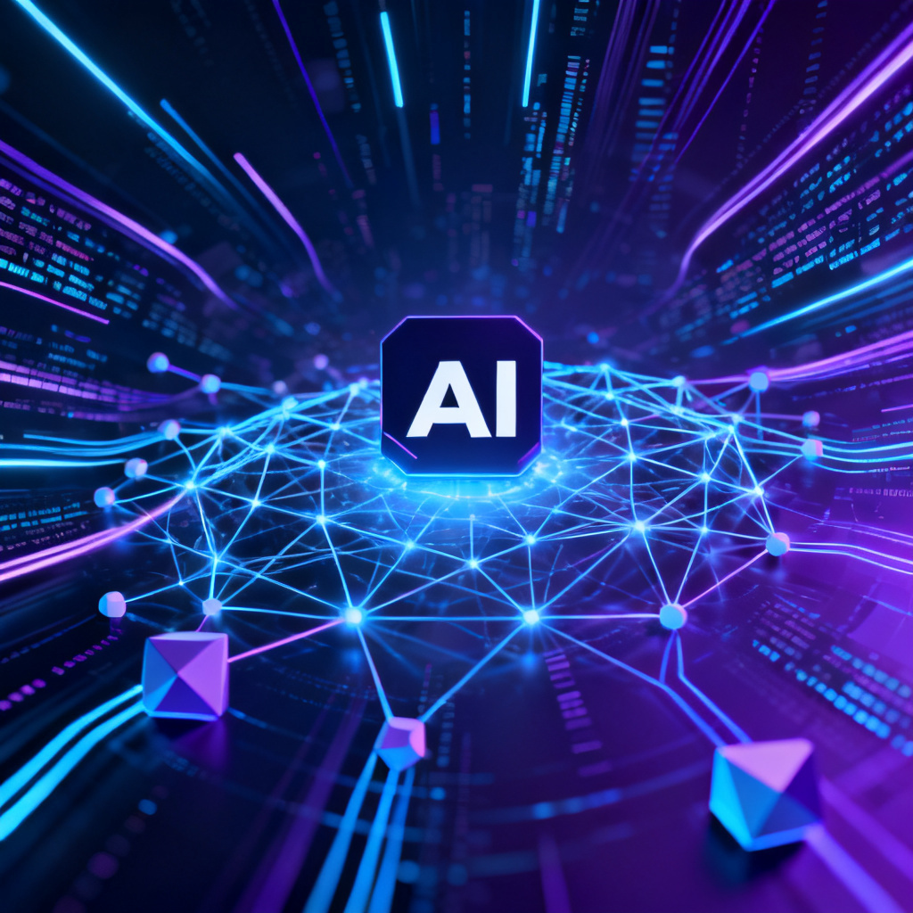 A futuristic visual of a brand logo floating inside a glowing neural network, surrounded by data streams and AI nodes, symbolizing brand dominance in AI space.