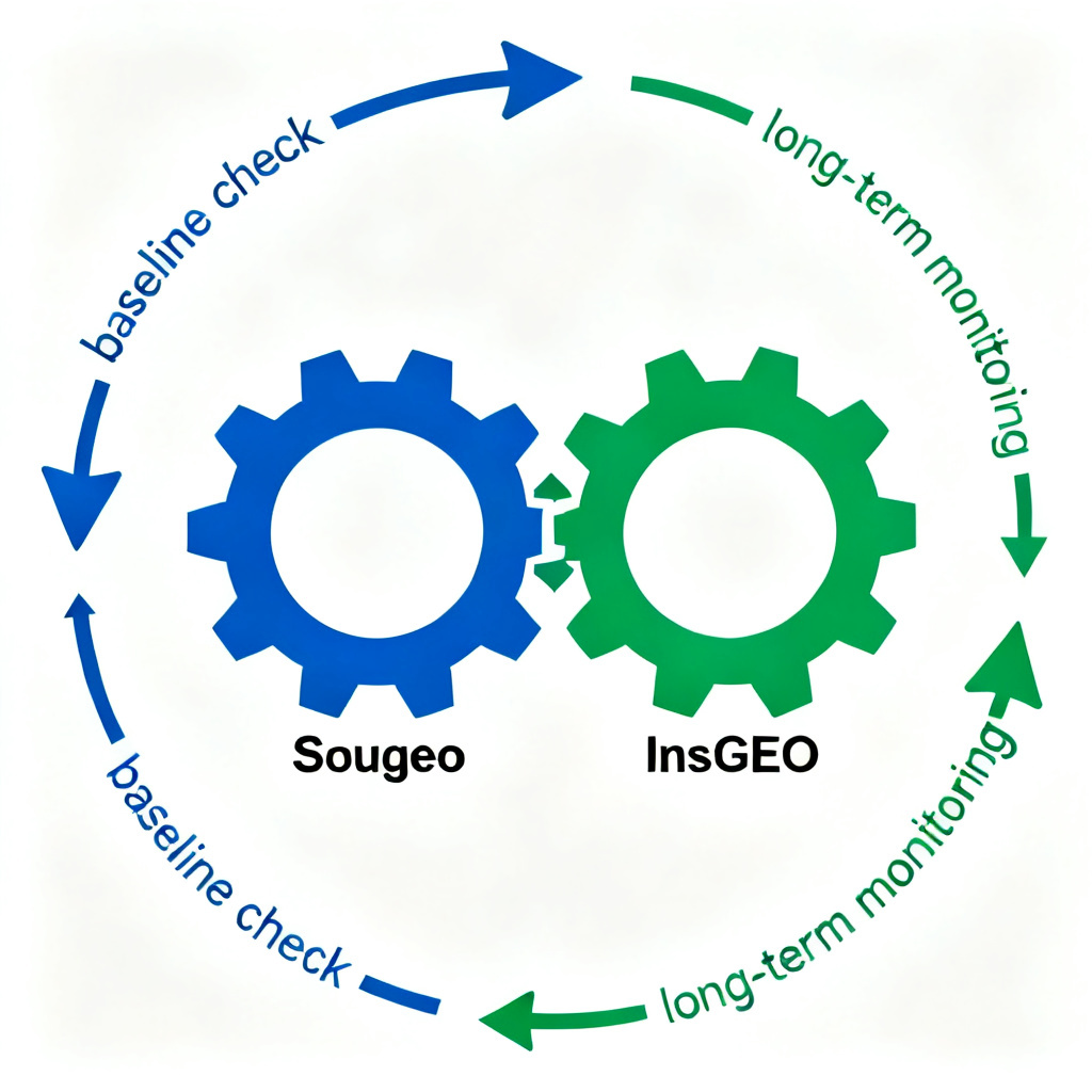 A circular diagram showing two interconnected gears, one labeled 'Sougeo' for diagnosis and the other 'InsGEO' for operations, with arrows indicating a closed loop from baseline check to long-term monitoring