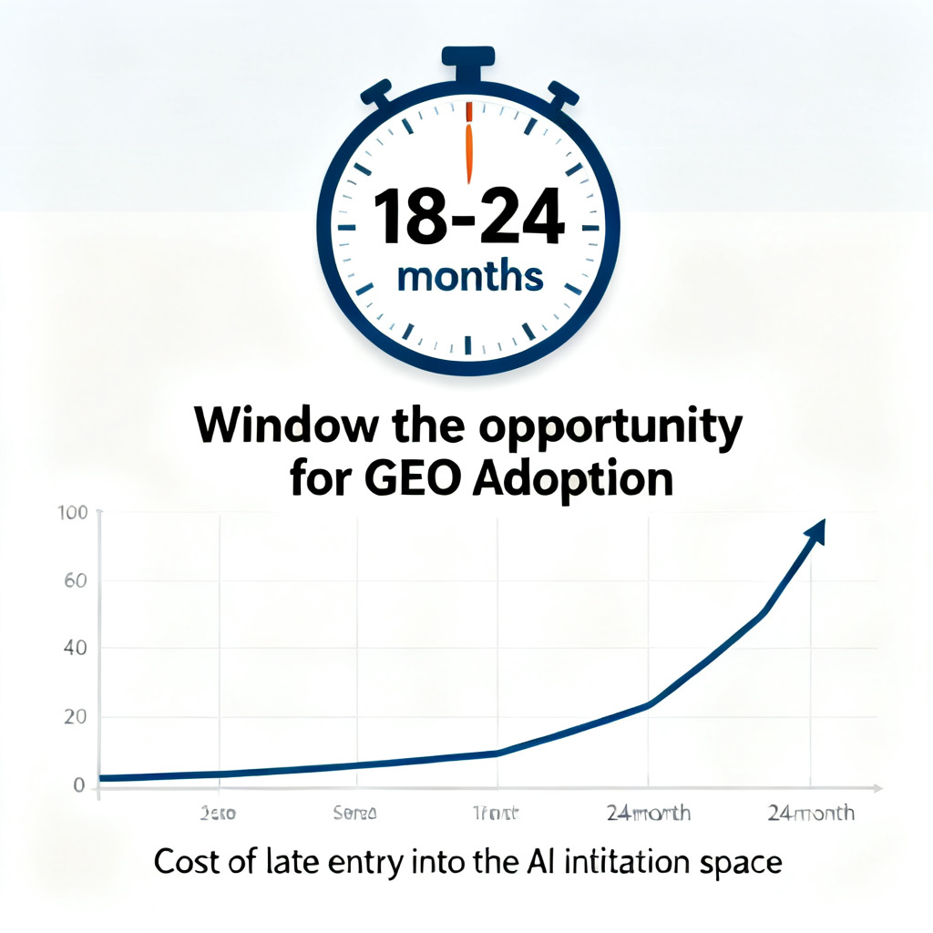 A countdown timer graphic showing "18-24 months" as the window of opportunity for GEO adoption. Below the timer, a line chart depicts the rising cost of late entry into AI citation space, with a steep upward curve after the window closes.