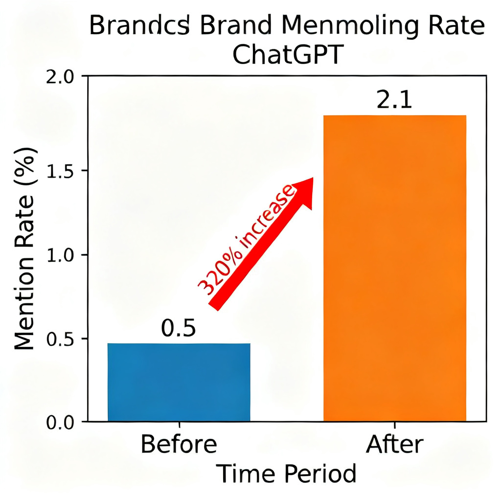 A bar chart comparing brand mention rates in ChatGPT before and after using InsGEO, showing a 320% increase from 0.5% to 2.1%. The chart uses professional blue and orange colors, with clear labels for time periods and percentage values.