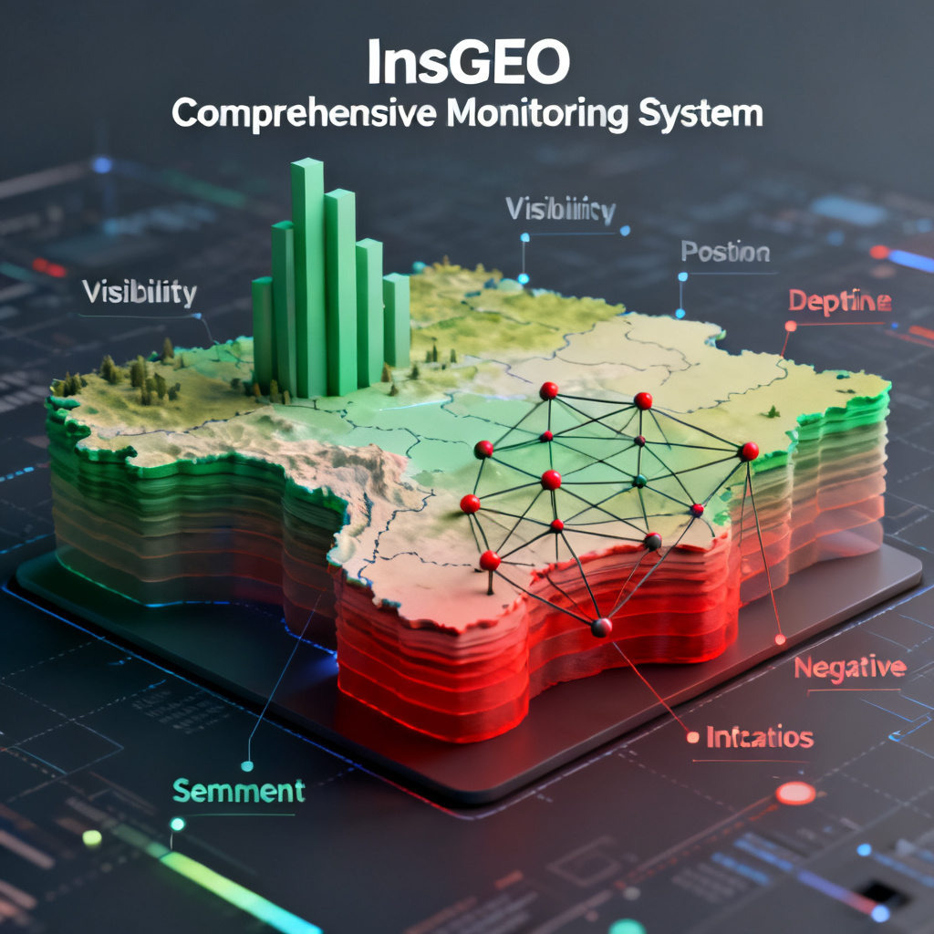 A 3D interactive map showing four dimensions: Visibility as height, Position as depth, Sentiment as color gradient (green to red), Citations as connected nodes, representing InsGEO's comprehensive monitoring system