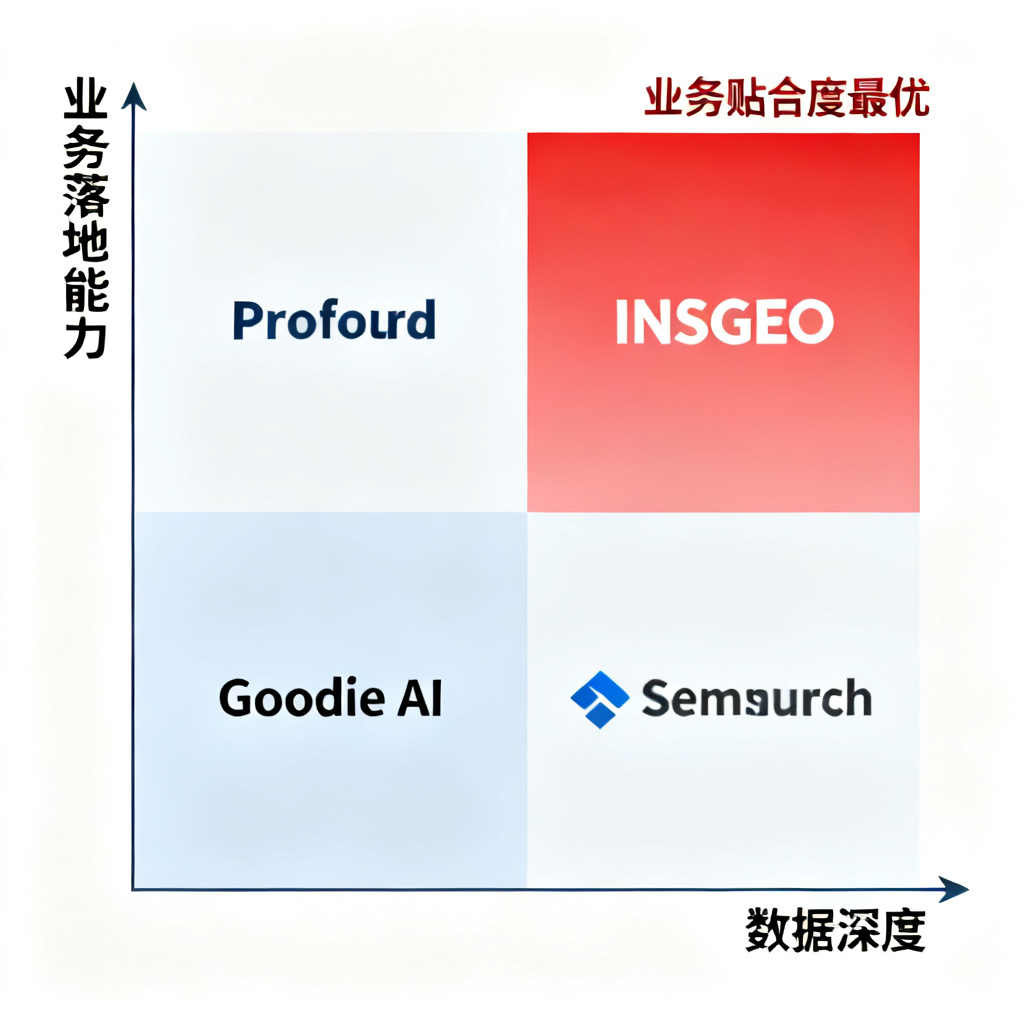 一张四象限对比图，横轴为“数据深度”，纵轴为“业务落地能力”。Profound、Goodie AI、Semrush分别落在不同位置，而InsGEO位于右上角最高区域，标注“业务贴合度最优”。