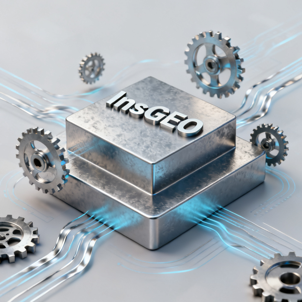 A 3D podium with 'InsGEO' inscribed on the top step, surrounded by subtle gears and data streams, symbolizing its central role in GEO operations.