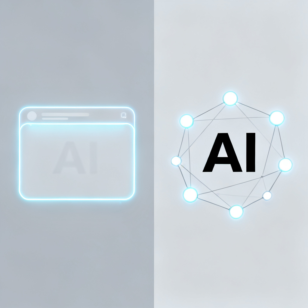 A split-screen illustration. Left side: a brand name is invisible in a glowing AI chat interface, with faint text fading away. Right side: the same brand name appears prominently in bold, surrounded by glowing nodes and connected lines, symbolizing AI visibility. Style: futuristic, clean, minimalist.