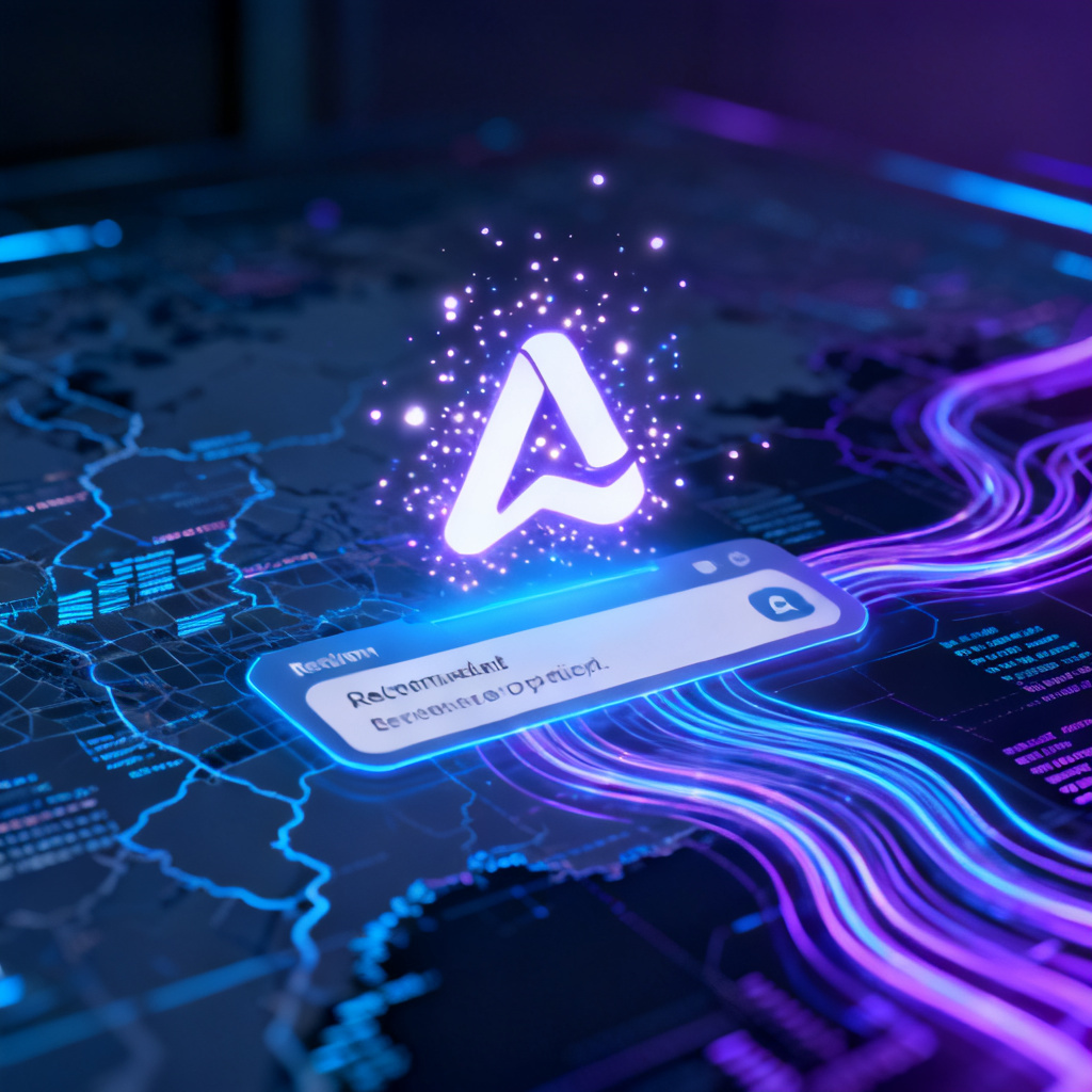 A futuristic scene showing a brand logo glowing with light particles, appearing as a recommended option in an AI chat interface. The background shows a digital map with data streams flowing.