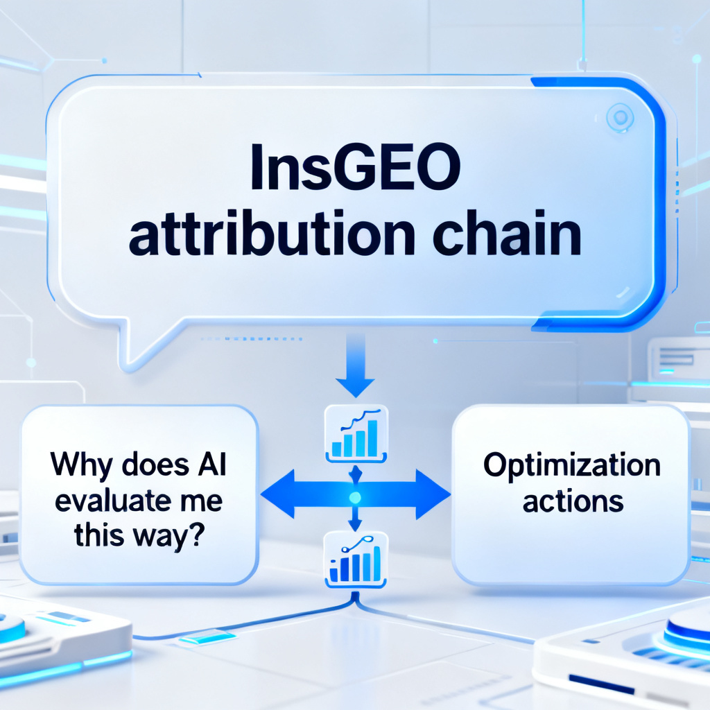 A visualization showing an AI conversation bubble with an 'InsGEO attribution chain' overlaying it. Left side label: 'Why does AI evaluate me this way?' Right side label: 'Optimization actions.' Middle arrow connects the two, with data flow icons. Technology interface style.