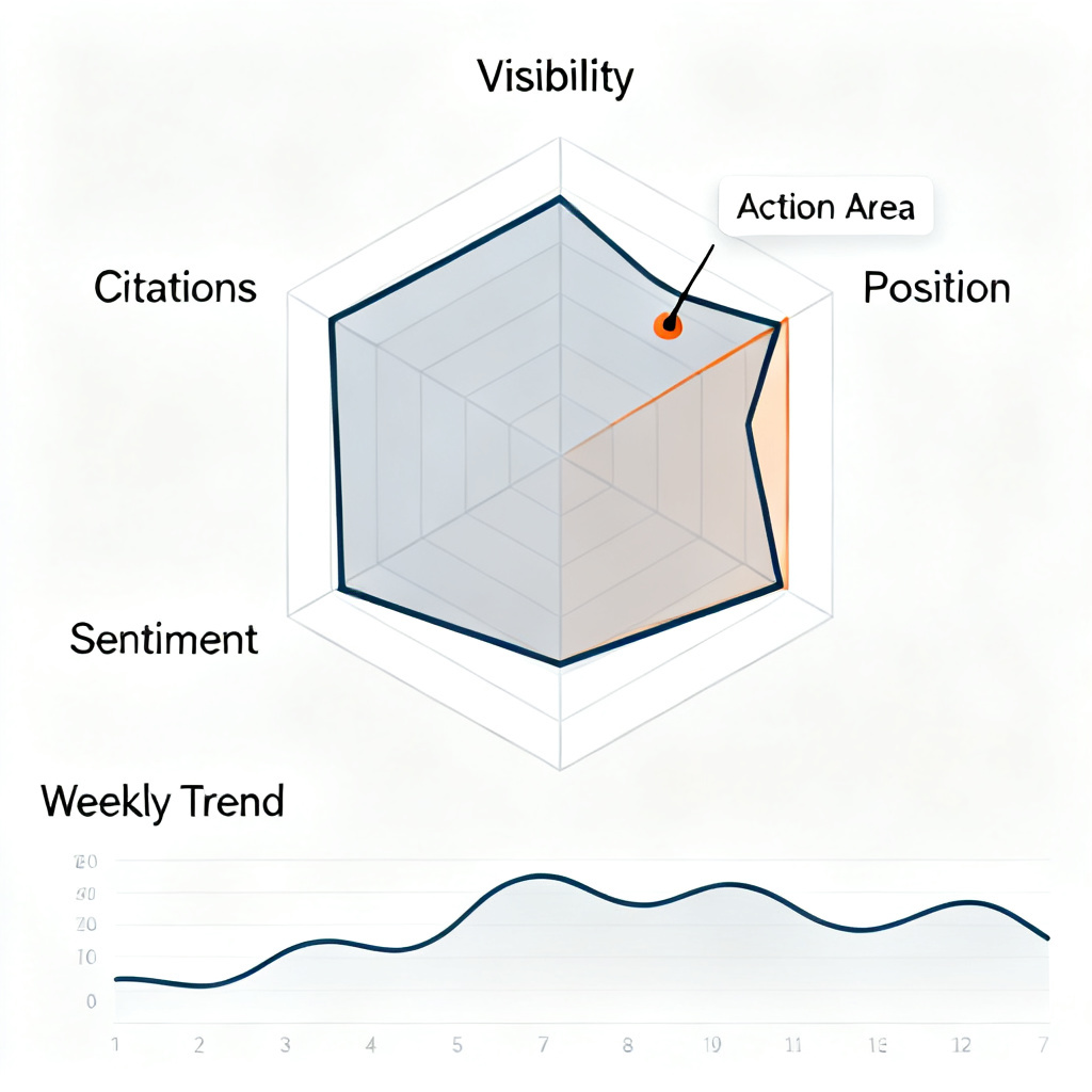 A radar chart visualization with four axes labeled 'Visibility', 'Position', 'Sentiment', and 'Citations'. A sample brand's data creates an irregular polygon, with a highlighted 'Action Area' pointing to the weakest axis. The chart is embedded in a clean dashboard with a 'Weekly Trend' line graph below.