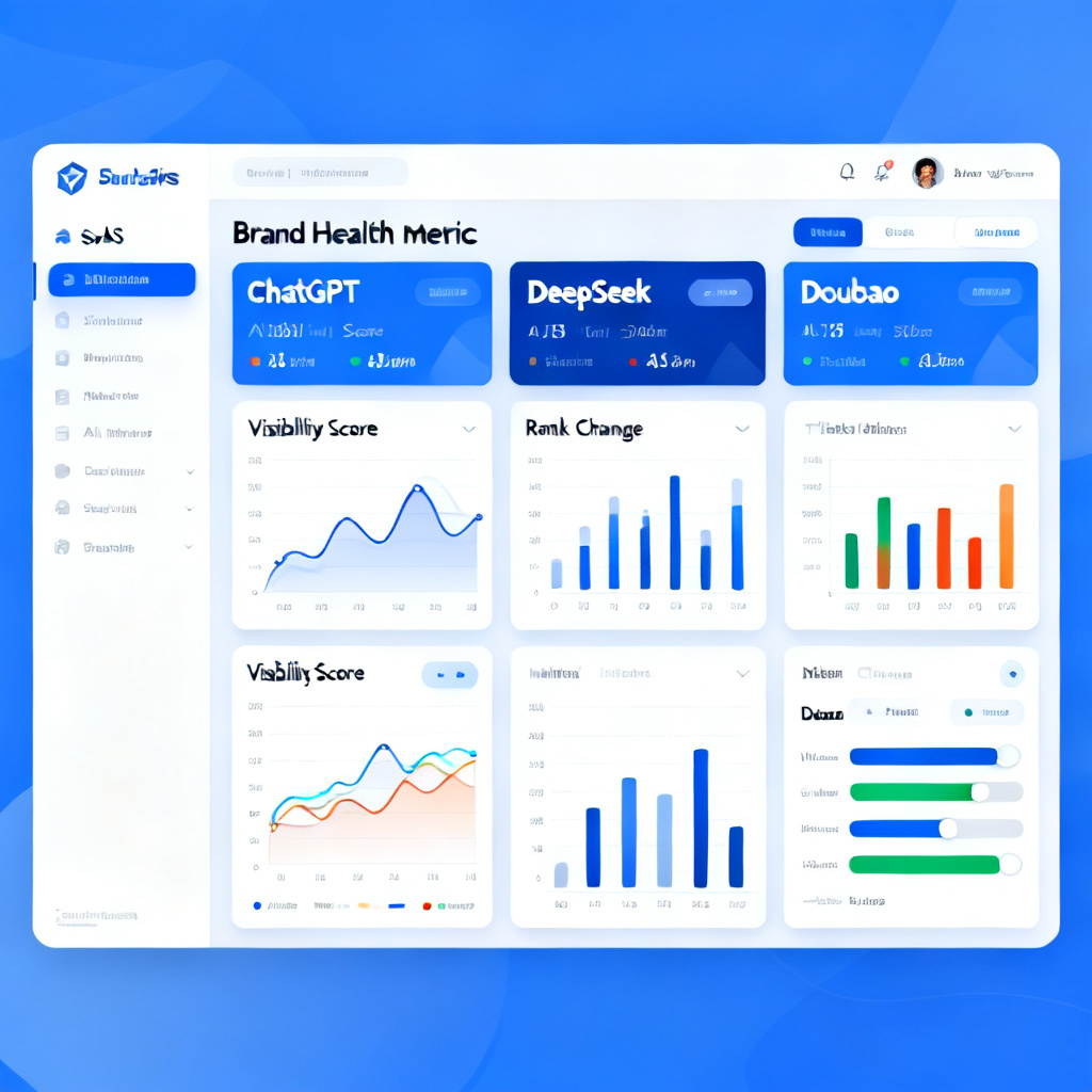 A professional dashboard displaying brand health metrics across multiple AI platforms like ChatGPT, DeepSeek, and Doubao, with real-time visibility scores and rank changes, in a modern SaaS interface style, data visualization, blue and white theme, high detail.
